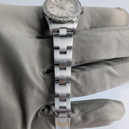Rolex Ladies Oyster Perpetual 25mm – Silver Dial, Diamond Bezel, Ref. 76080