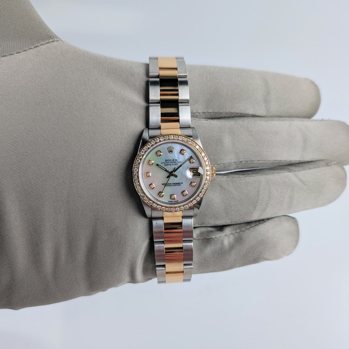 Rolex Datejust Two-Tone 18k Yellow Gold Oyster Bracelet — Custom Diamond Bezel & MOP Diamond Dial, Ref. 68273