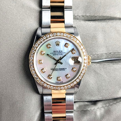 Rolex Datejust Two-Tone 18k Yellow Gold Oyster Bracelet — Custom Diamond Bezel & MOP Diamond Dial, Ref. 68273