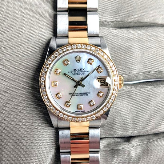 Rolex Datejust Two-Tone 18k Yellow Gold Oyster Bracelet — Custom Diamond Bezel & MOP Diamond Dial, Ref. 68273