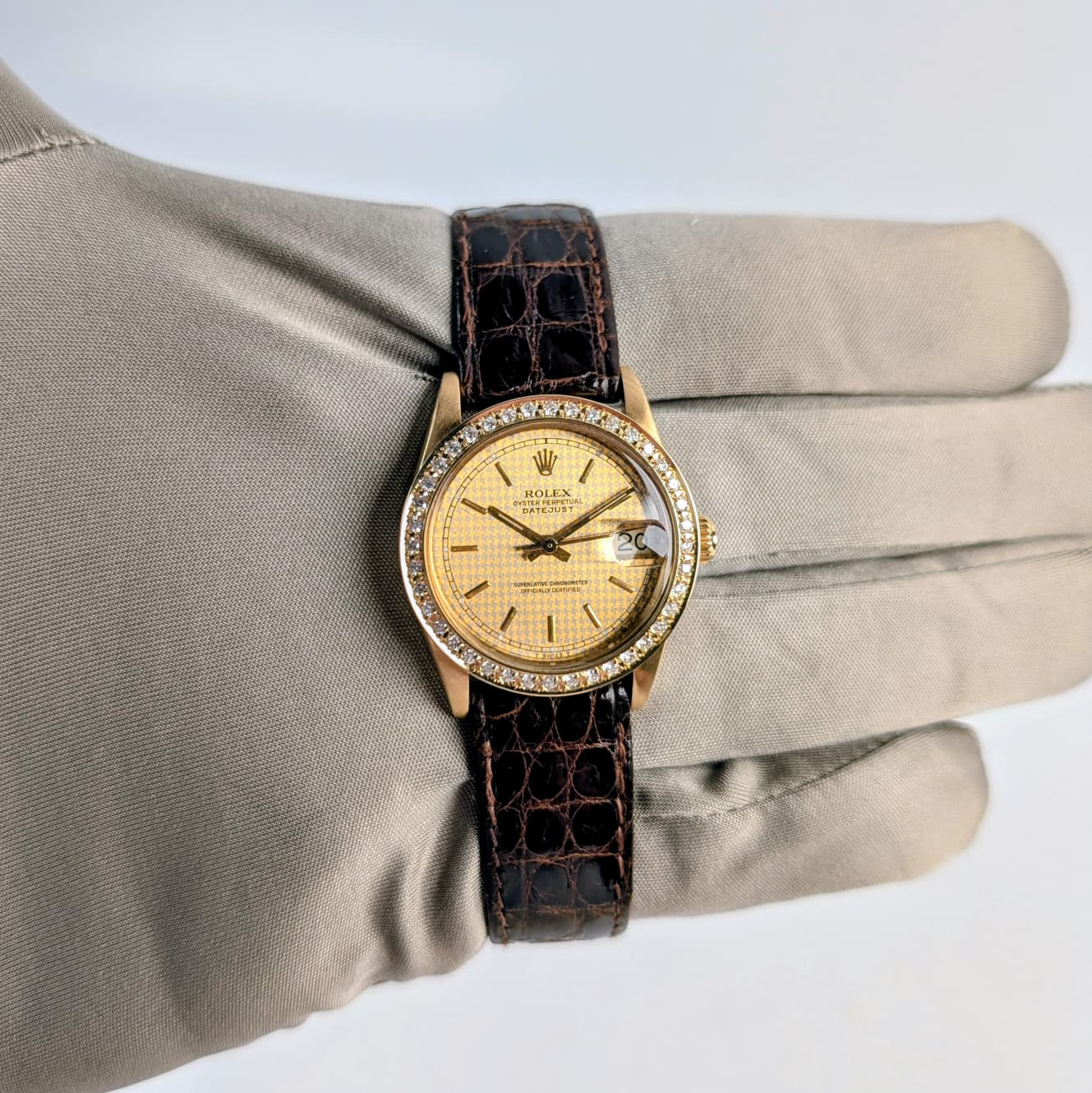 Rolex Datejust Ladies 31mm | Solid 18K Yellow Gold | Diamond Bezel | Houndstooth Dial