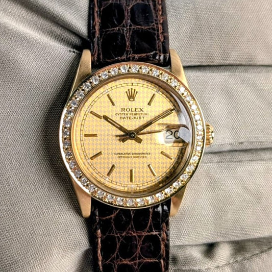 Rolex Datejust Ladies 31mm | Solid 18K Yellow Gold | Diamond Bezel | Houndstooth Dial