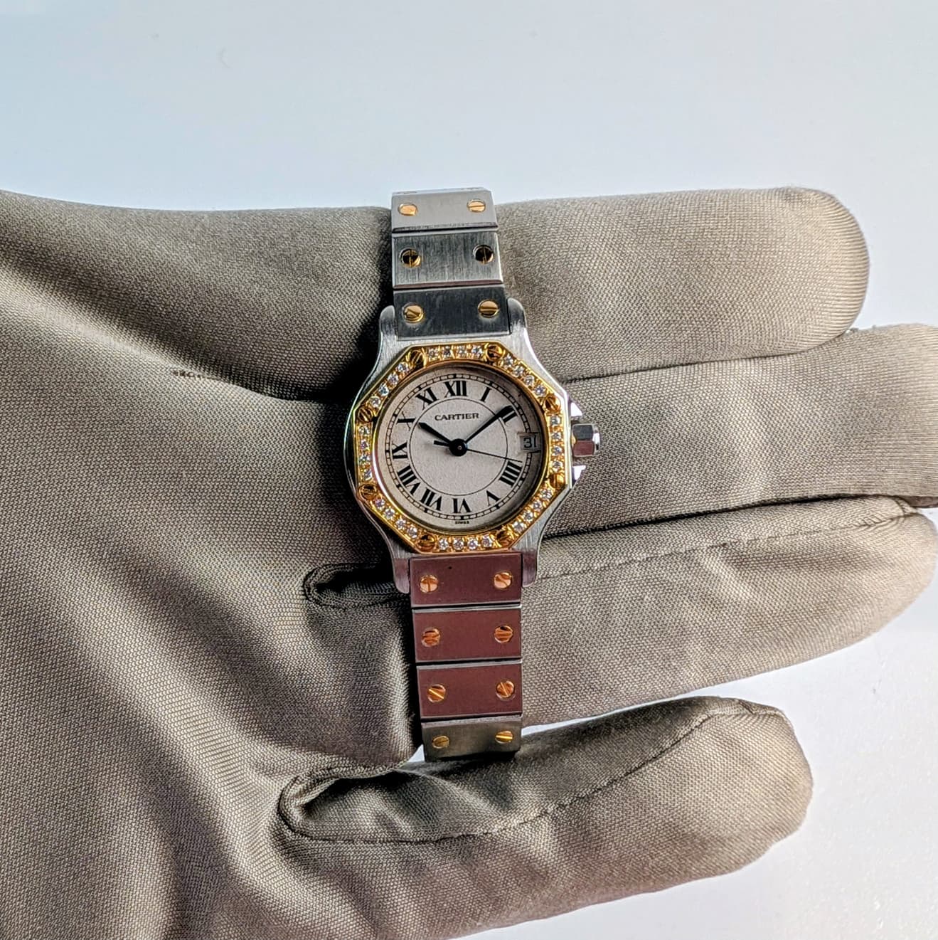Santos de Cartier Octagon Ladies Watch | Two-Tone Steel & 18K Gold | Diamond Bezel