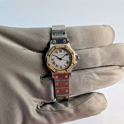 Santos de Cartier Octagon Ladies Watch | Two-Tone Steel & 18K Gold | Diamond Bezel