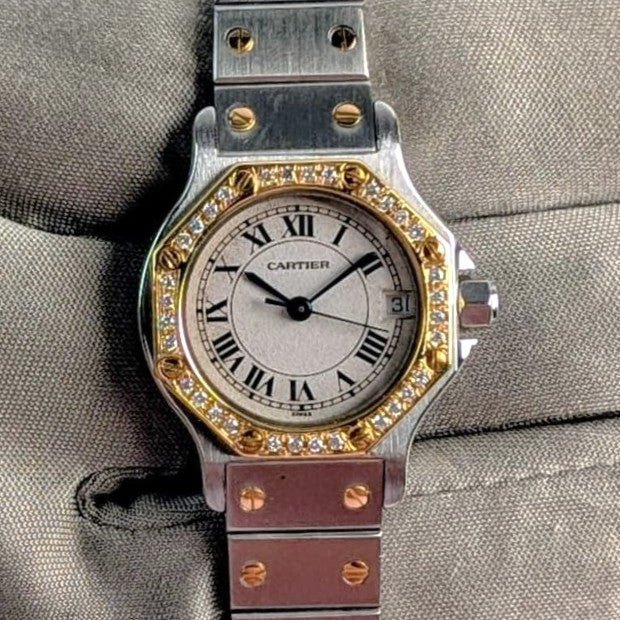 Santos de Cartier Octagon Ladies Watch | Two-Tone Steel & 18K Gold | Diamond Bezel