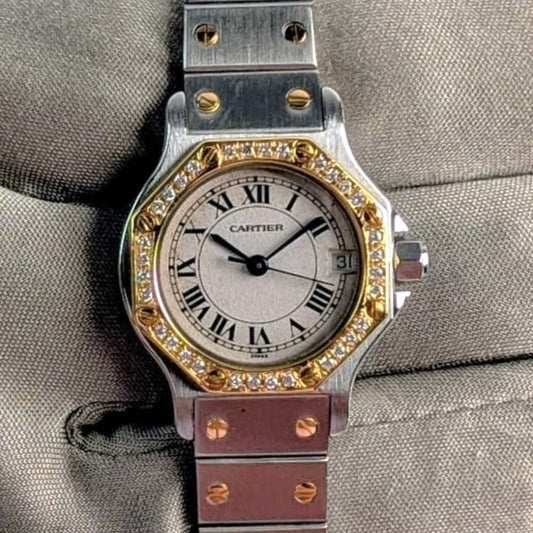 Santos de Cartier Octagon Ladies Watch | Two-Tone Steel & 18K Gold | Diamond Bezel