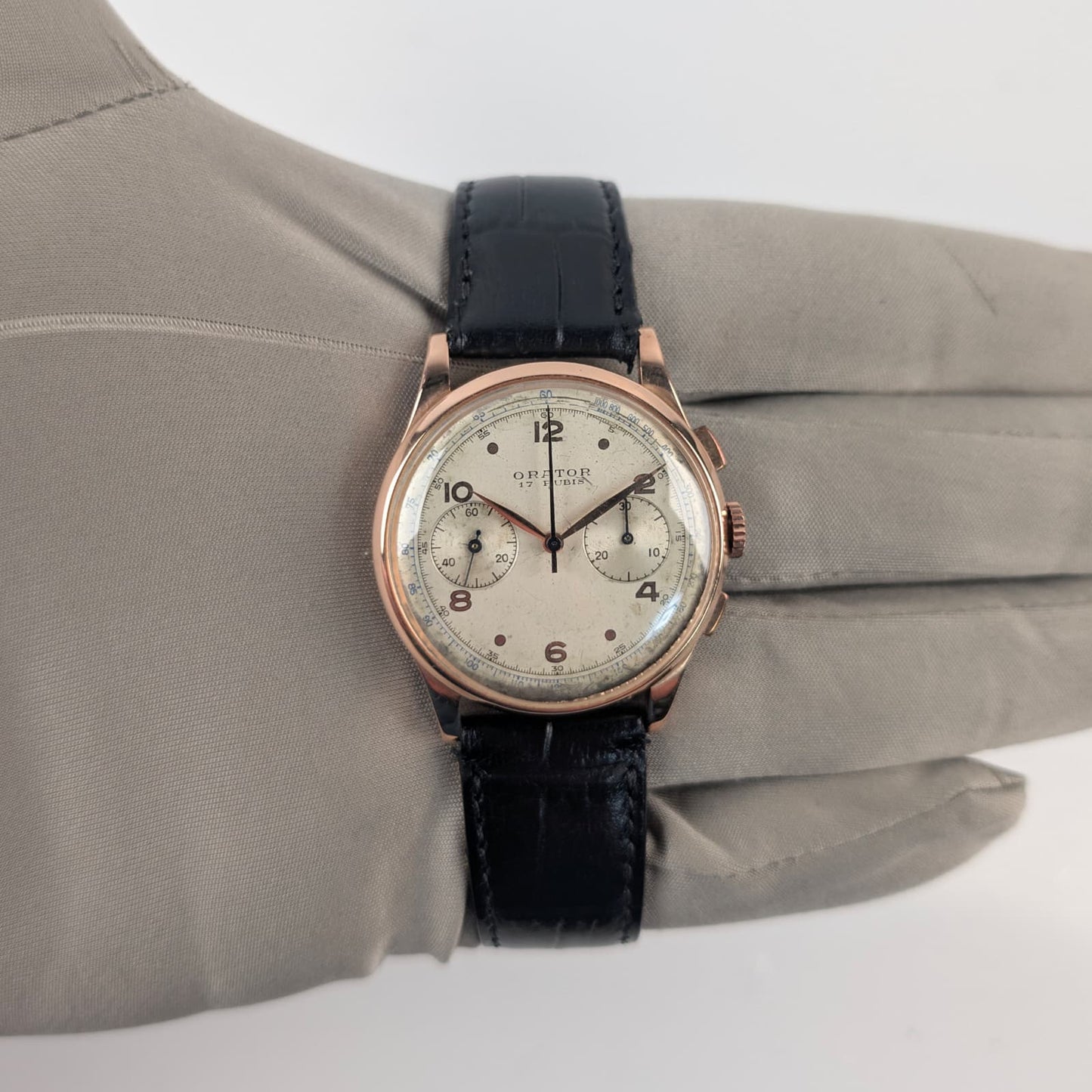 Orator Chronograph Suisse 18K Rose Gold Vintage Watch