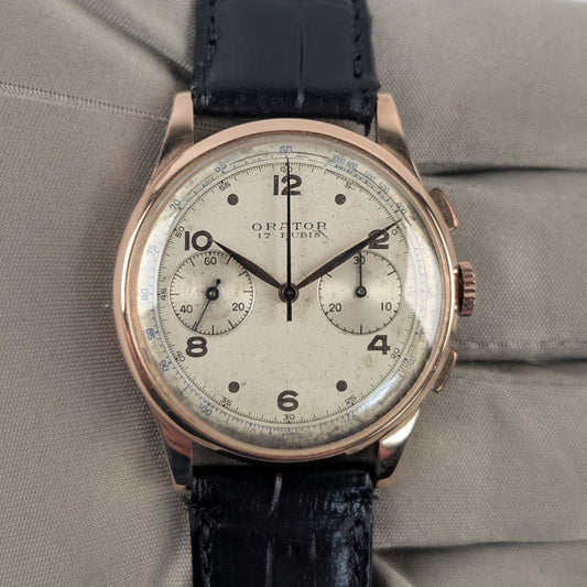 Orator Chronograph Suisse 18K Rose Gold Vintage Watch