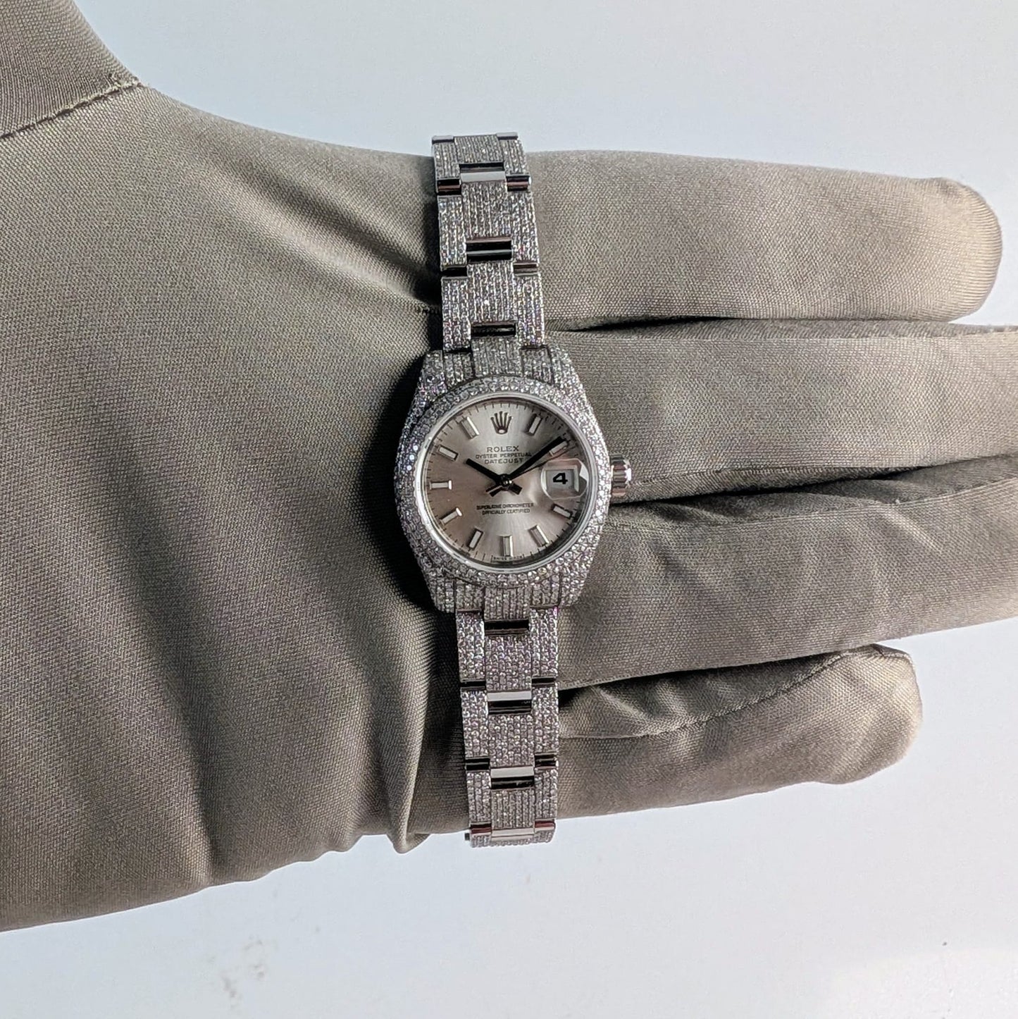 Rolex Datejust Ladies — Custom Natural Diamond Encrusted, Silver Index Dial, Ref. 179160
