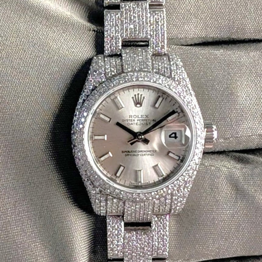 Rolex Datejust Ladies — Custom Natural Diamond Encrusted, Silver Index Dial, Ref. 179160