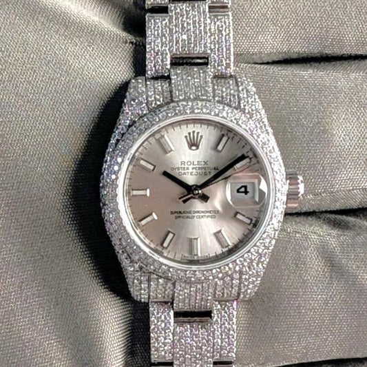 Rolex Datejust Ladies — Custom Natural Diamond Encrusted, Silver Index Dial, Ref. 179160